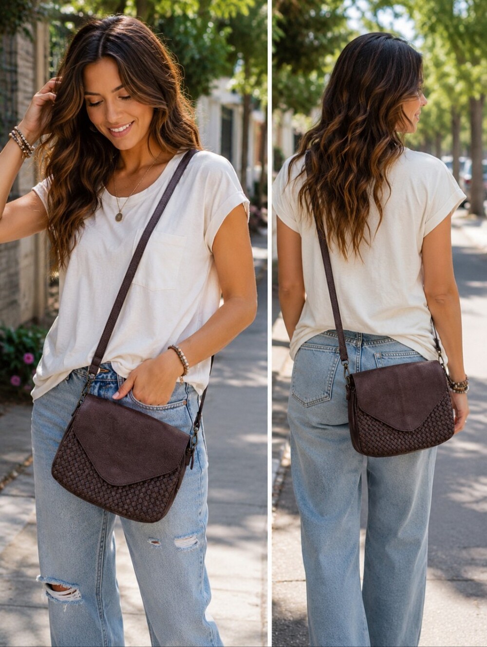 Woven Flap Crossbody Bag in Dark Brown Leather